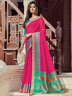 Cerise-Pink Plain Cotton Handloom Saree With Wide Border And Blouse