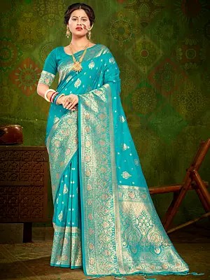 Wedding Wear Banarasi Silk Saree With Ethnic Motifs And Tassels