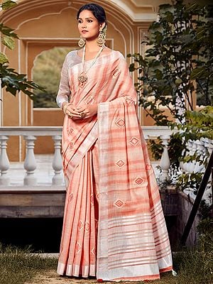 Square Pattern Thread Linen Saree With Blouse And Tassels Pallu