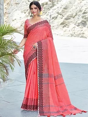 Striped Pattern Linen Saree With Blouse And Tassels Pallu For Festivals