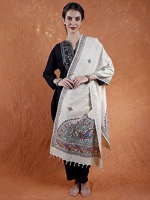 Hand-Painted Khadi Cotton Stole from Bihar with Madhubani Art