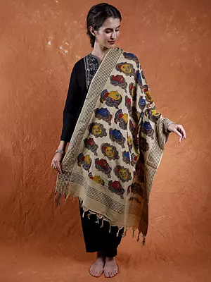 Beige Kalamkari Dupatta from Telangana with Hand-Painted Kathakali Faces