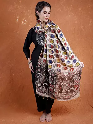 Ivory-Cream Kalamkari Dupatta with Hand-Painted Buddha Heads