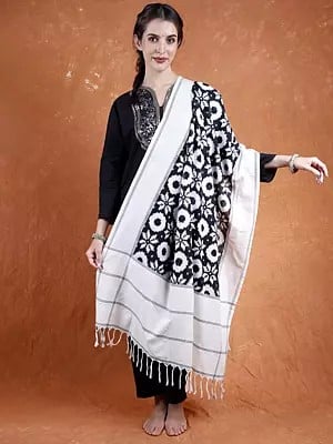 White-Black Pure Cotton Double Ikat Dupatta from Pochampally