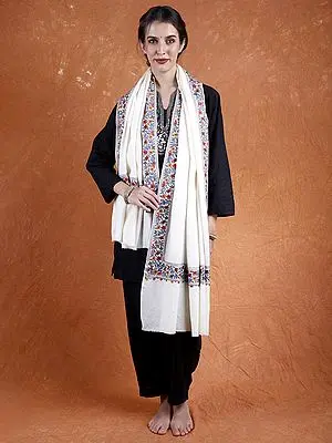 Cannoli-Cream Pure Wool Plain Shawl from Amritsar with Floral Vine Aari Embroidery on Border