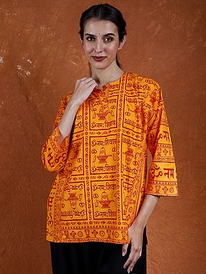 Orange-Peel Pure Cotton Short Kurti Top with Printed Om Namah Shivay Mantra and Shiv Linga