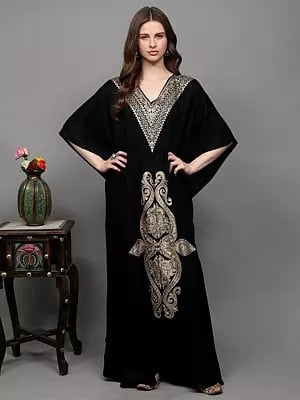 Pure Wool Long Kaftan from Kashmir with Tilla Embroidered Paisleys