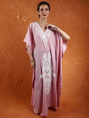 Pure Wool Long Kaftan from Kashmir with Tilla Embroidered Paisleys