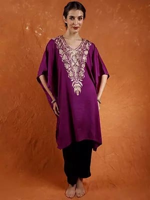 Sparkling- Grape Pure Wool Kashmiri Short Kaftan with Tilla Embroidery on Neck