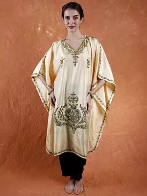 Summer-Melon Pure Silk Short Kaftan from Kashmir with Floral Aari Embroidery by Hand
