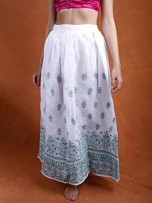 Lucent-White Cotton Long Skirt with Floral Lukhnavi Chikankari Embroidery by Hand