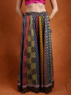 Multicolor Pure Cotton Drawstring-Waist Long Skirt with Printed Patchwork