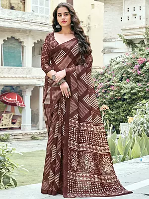 Purplish-Brown Printed Cotton Saree With Blouse And Leaves Pattern Pallu