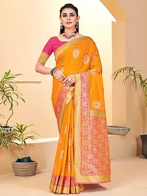 Turmeric-Yellow Floral Butta Banarasi Silk Saree With Floral Pallu