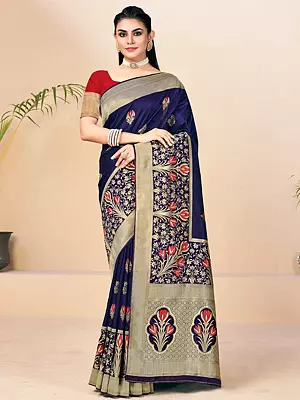 Dark-Blue Floral Pattern Banarasi Silk Saree With Broad Border And Blouse
