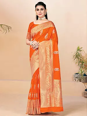 Papaya-Orange Floral Pattern Banarasi Silk Saree With Wide Border