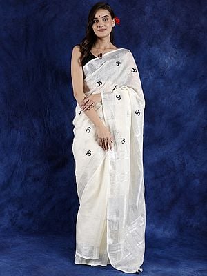Net Saree with Thread Embroidered Om and Shimmer Border