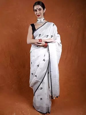 Lucnet-White Net Saree with Thread Embroidered Om and Shimmer Border