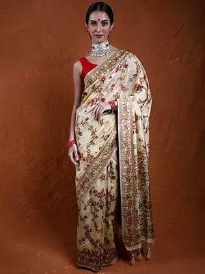 Pastel-yellow Jamdani Saree from Bangladesh with Multicolor Floral Weave