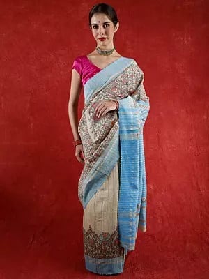 Solitary-Star Khadi Cotton Madhubani Saree from Bihar with Hand-Painted Fishes and Flowers