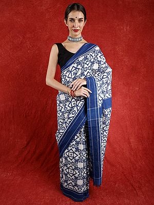 Star-White Pure Cotton Handloom Saree from Pochampally with All-over Ikat Weave and Contrast Border