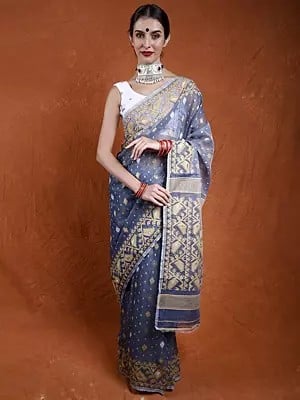Pure Cotton Jamdani Handloom Saree from Bangladesh with Woven Bootis All-Over