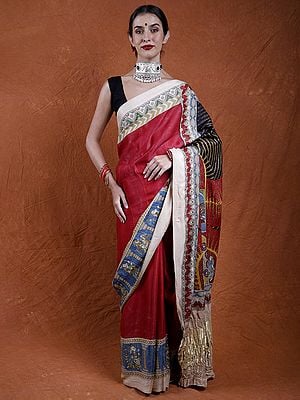 Jester-Red Mata Ni Pachedi Folk Saree from Gujarat with Hand-Painted Peacock