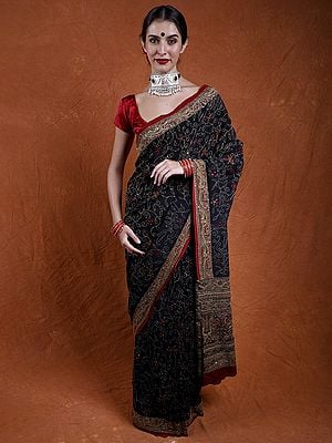 Black-Olive Crepe Saree with Floral Vine Kantha Embroidery by Hand and Sequins