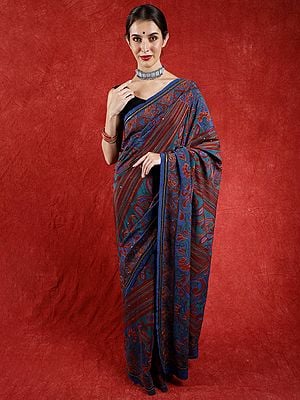 Multicolor Printed Crepe Saree with Chain Stitch Embroidered Flowers and Paisleys
