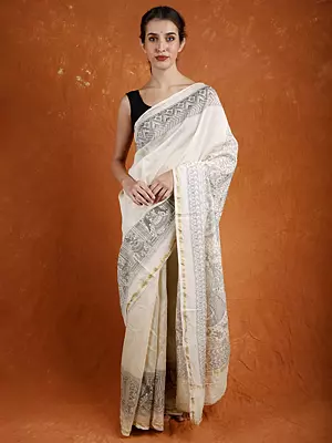 Cloud-Cream Chanderi Silk Mata Ni Pachedi Folk Saree from Gujarat Depicting the Matsya Avatar of Lord Vishnu