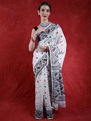 Brilliant-White Jamdani Handloom Saree from Bangladesh with Woven Bootis all over