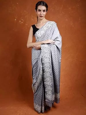 Printed Saree from Bangladesh with Paisley Embroidered Hakoba Border