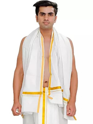 Bright-White Pure Cotton Plain Angavastram with Zari Woven Border