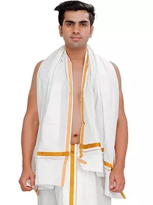 Bright-White Pure Cotton Plain Angavastram with Zari Woven Border