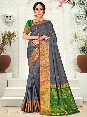 Striped Pallu Floral Butti Silk Saree With Blouse And Attractive Looks