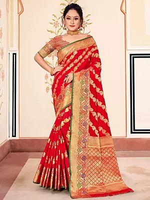 Vine Pattern Banarasi Silk Saree With Floral Border And Blouse