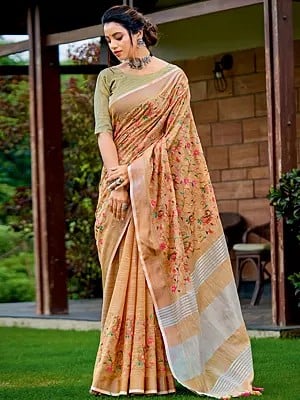 All Over Paisley Butti Linen Saree With Striped Pallu And Blouse