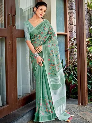 All Over Paisley Butti Linen Saree With Striped Pallu And Blouse