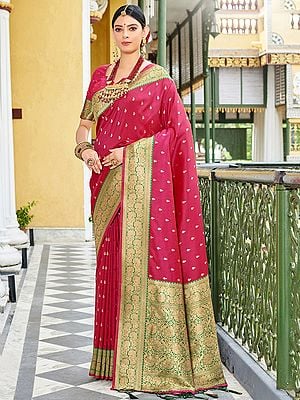 Floral Banarasi Silk Saree For Women With Blouse And Tassels On Pallu