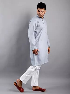 Plain Blend Knee Length Cotton Kurta With White Pajama