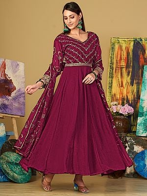 Georgette Embroidered V Shape Floral Design Anarkali Suit and Plain in Bottom Side with Dupatta