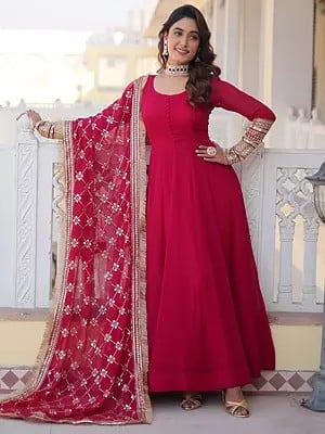 Faux Blooming  Embroidered Sleeve Georgette Plain Gown with Dupatta