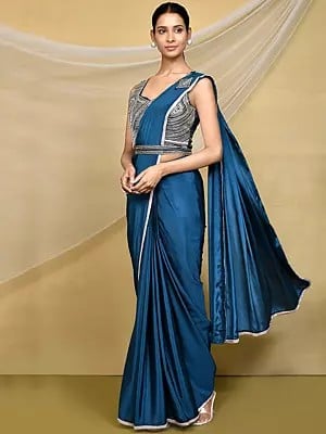 Crepe Silk Georgette Light Navy Blue Saree With Sequence & Moti Work In Blouse
