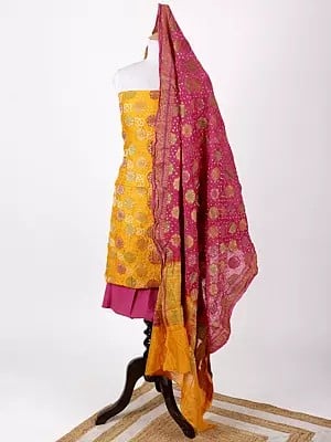 Yellow and Pink Bandhani Tie-Dye Salwar Kameez Fabric and Dupatta with Zari Brocaded Flowers