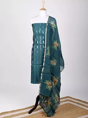 Brocaded Two-Piece Faux-Munga Silk Kurti Fabric with Floral Digital Printed Dupatta
