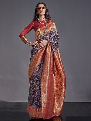 Handwoven Kashmiri Floral-Paisley Design Saree and Chaap Border Contrast Pallu with Blouse