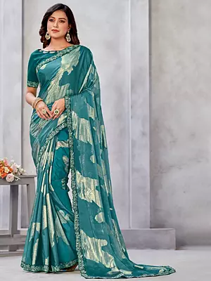 Designer Teal-Blue Zari Jacquard Woven Georgette Saree with Blouse