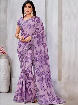 Light-Purple Floral Pattern Georgette Woven Zari Saree With Blouse