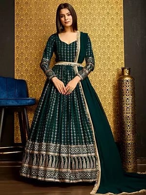 Party Wear Foux Georgette Metalic Foil Work Phthalo Green Anarkali Long Gown With Dupatta