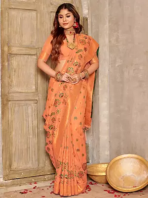 Festival Wear Banarasi Silk Woven Flower Motif Tassel Saree With Blouse